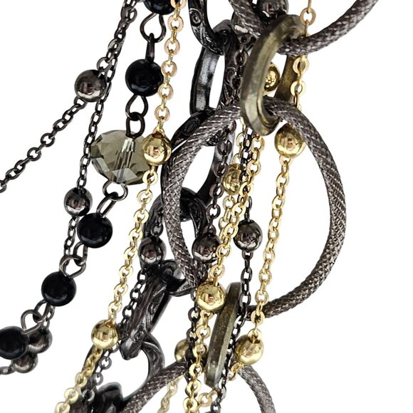 Boho Chic Mixed Metal Chain Necklace Multi Layered Statement Black Beads Jewelry - Picture 2 of 6